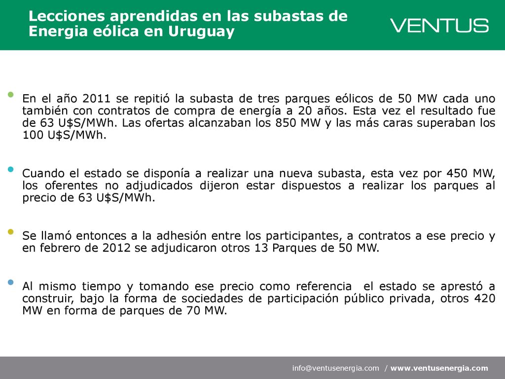 Lecciones aprendidas en las subastas de Energia eólica en Uruguay