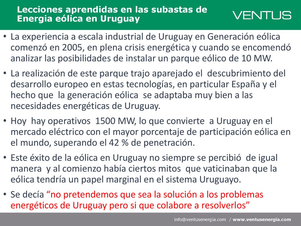 Lecciones aprendidas en las subastas de Energia eólica en Uruguay