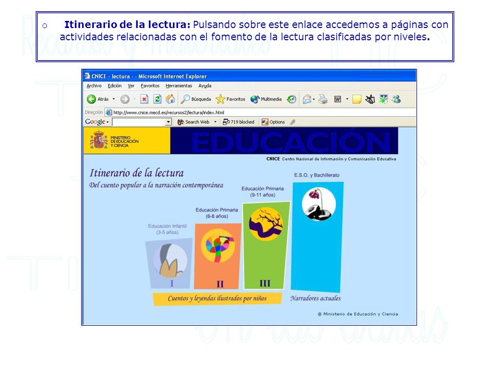 o Itinerario de la lectura: Pulsando sobre este enlace accedemos a páginas con actividades relacionadas con el fomento de la lectura clasificadas por niveles.