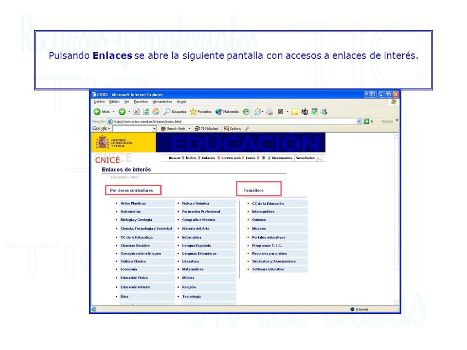 Pulsando Enlaces se abre la siguiente pantalla con accesos a enlaces de interés.