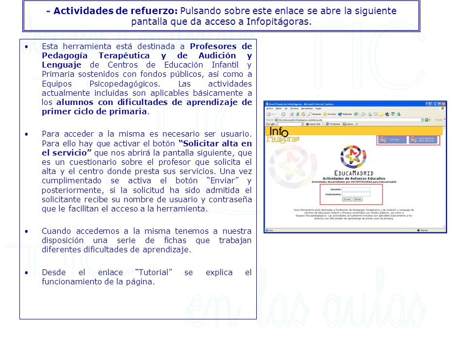 - Actividades de refuerzo: Pulsando sobre este enlace se abre la siguiente pantalla que da acceso a Infopitágoras.