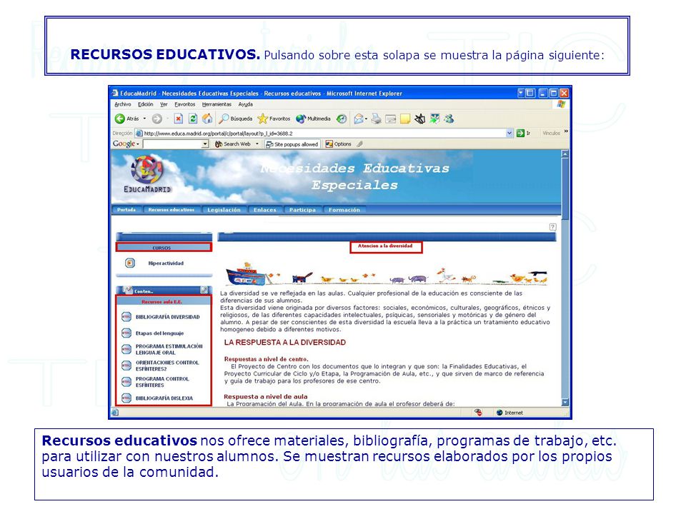 RECURSOS EDUCATIVOS. Pulsando sobre esta solapa se muestra la página siguiente: