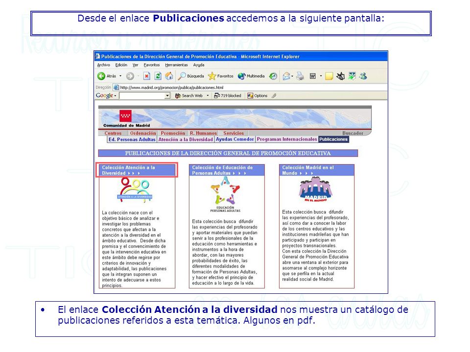 Desde el enlace Publicaciones accedemos a la siguiente pantalla: