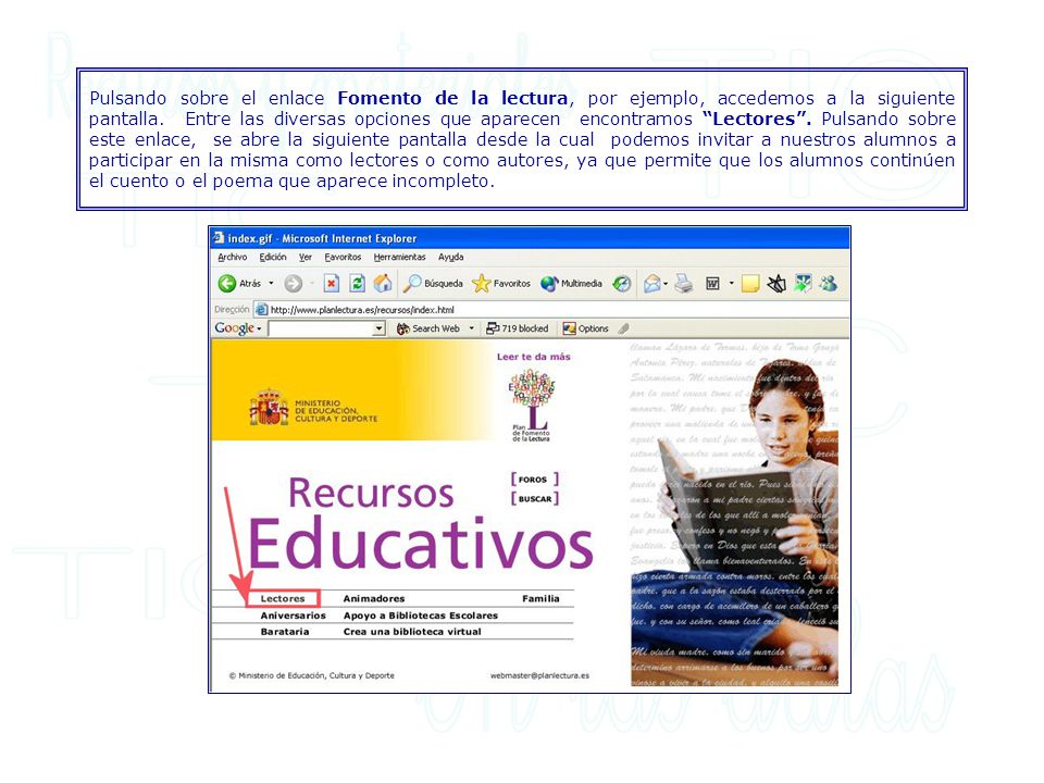 Pulsando sobre el enlace Fomento de la lectura, por ejemplo, accedemos a la siguiente pantalla.
