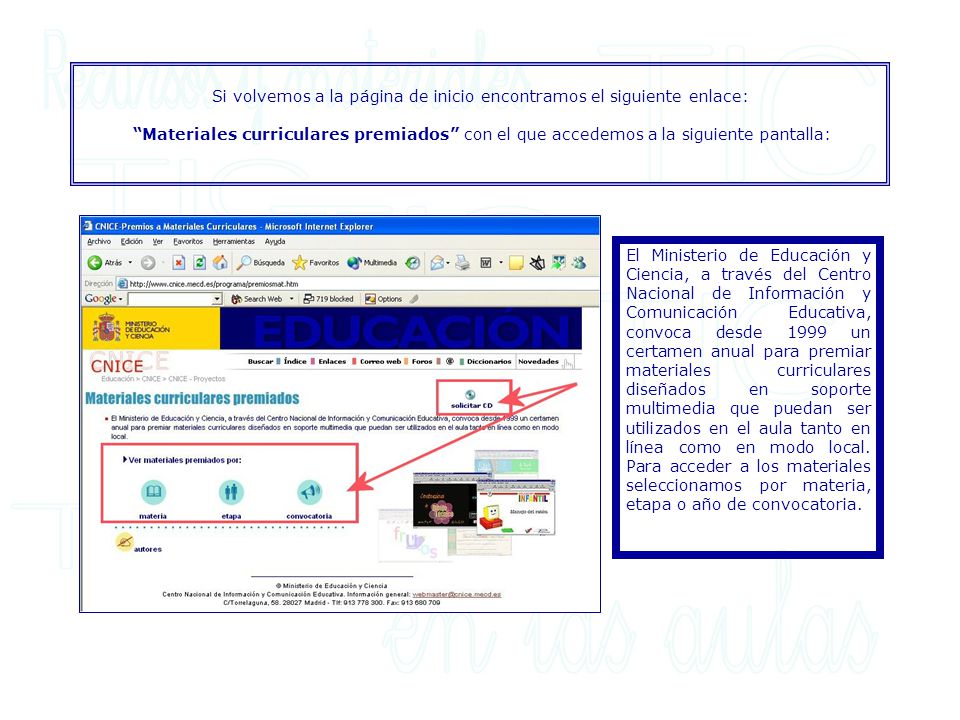 Si volvemos a la página de inicio encontramos el siguiente enlace: Materiales curriculares premiados con el que accedemos a la siguiente pantalla: