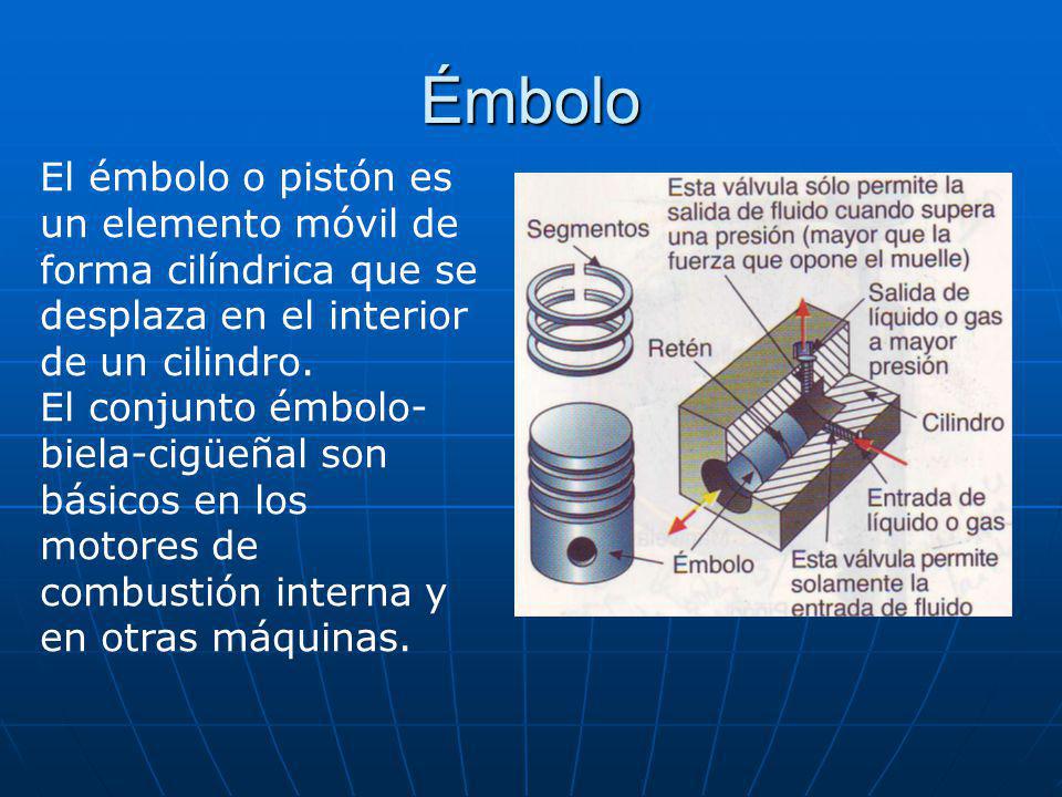 Émbolo El émbolo o pistón es un elemento móvil de forma cilíndrica que se desplaza en el interior de un cilindro.