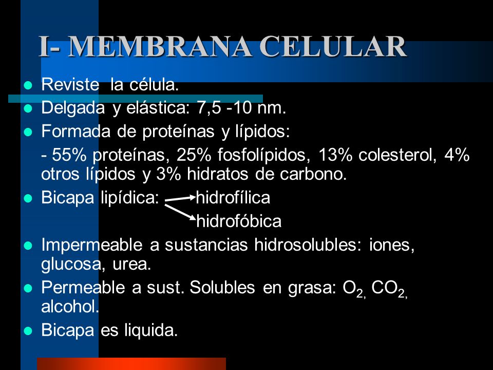 I- MEMBRANA CELULAR Reviste la célula. Delgada y elástica: 7,5 -10 nm.