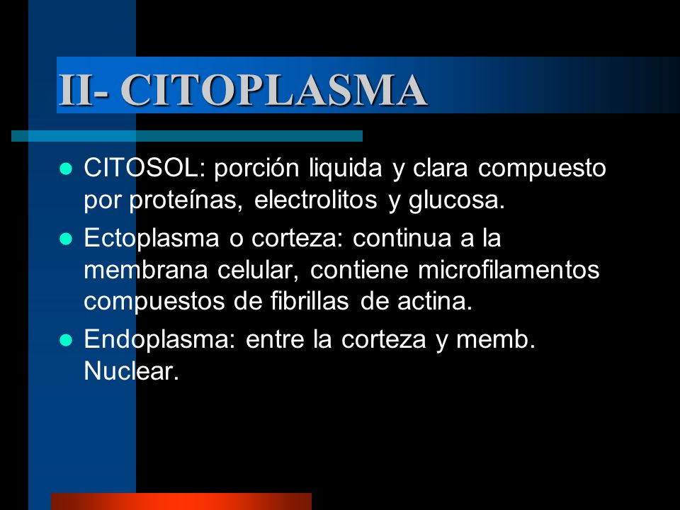 II- CITOPLASMA CITOSOL: porción liquida y clara compuesto por proteínas, electrolitos y glucosa.