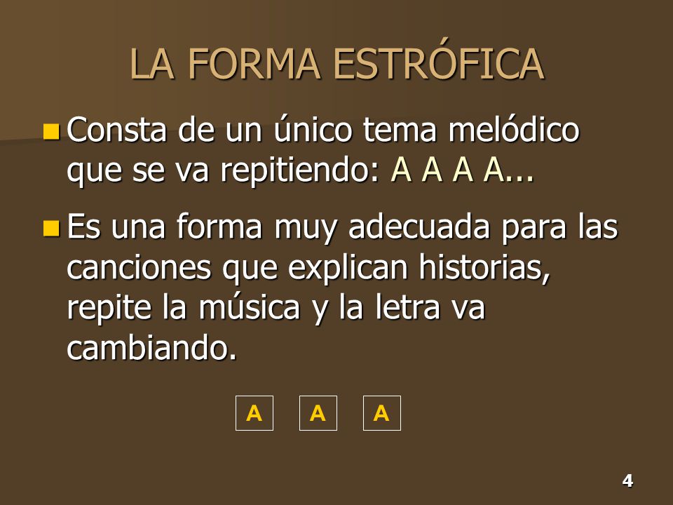 LA FORMA ESTRÓFICA Consta de un único tema melódico que se va repitiendo: A A A A...
