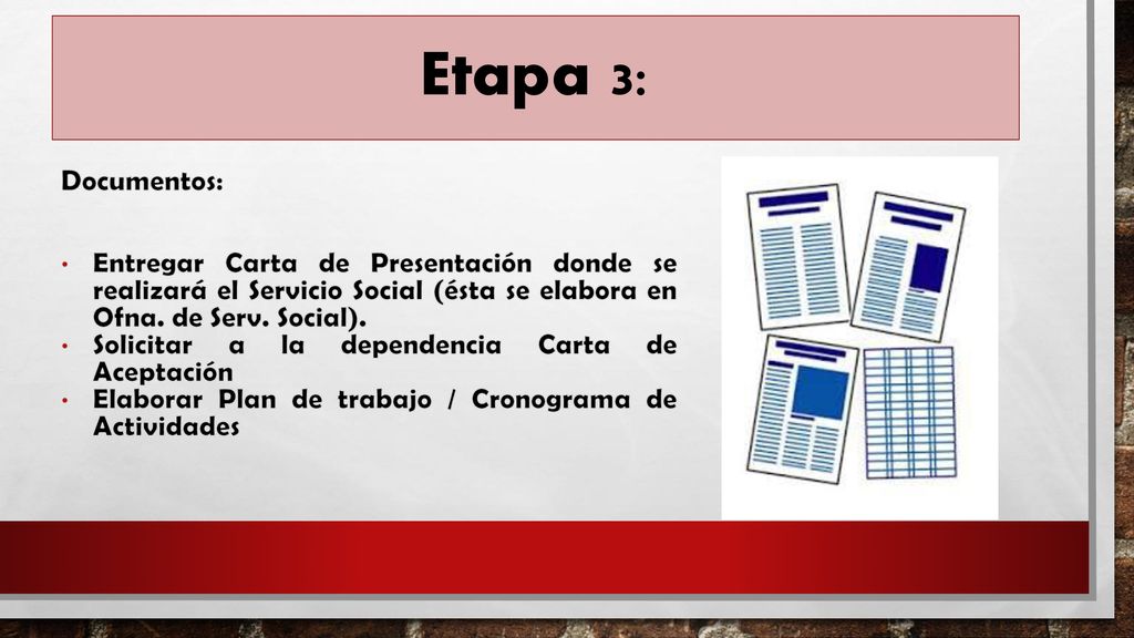 Etapa 3: Documentos: Entregar Carta de Presentación donde se realizará el Servicio Social (ésta se elabora en Ofna. de Serv. Social).