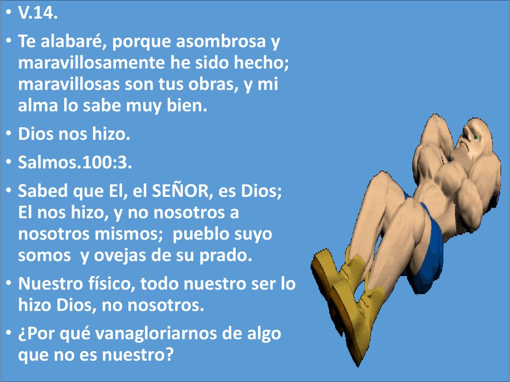 V.14. Te alabaré, porque asombrosa y maravillosamente he sido hecho; maravillosas son tus obras, y mi alma lo sabe muy bien.