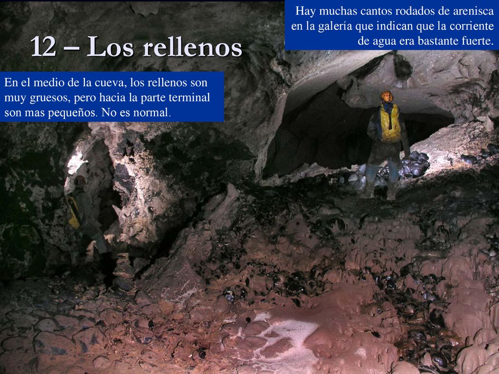 Hay muchas cantos rodados de arenisca en la galería que indican que la corriente de agua era bastante fuerte.