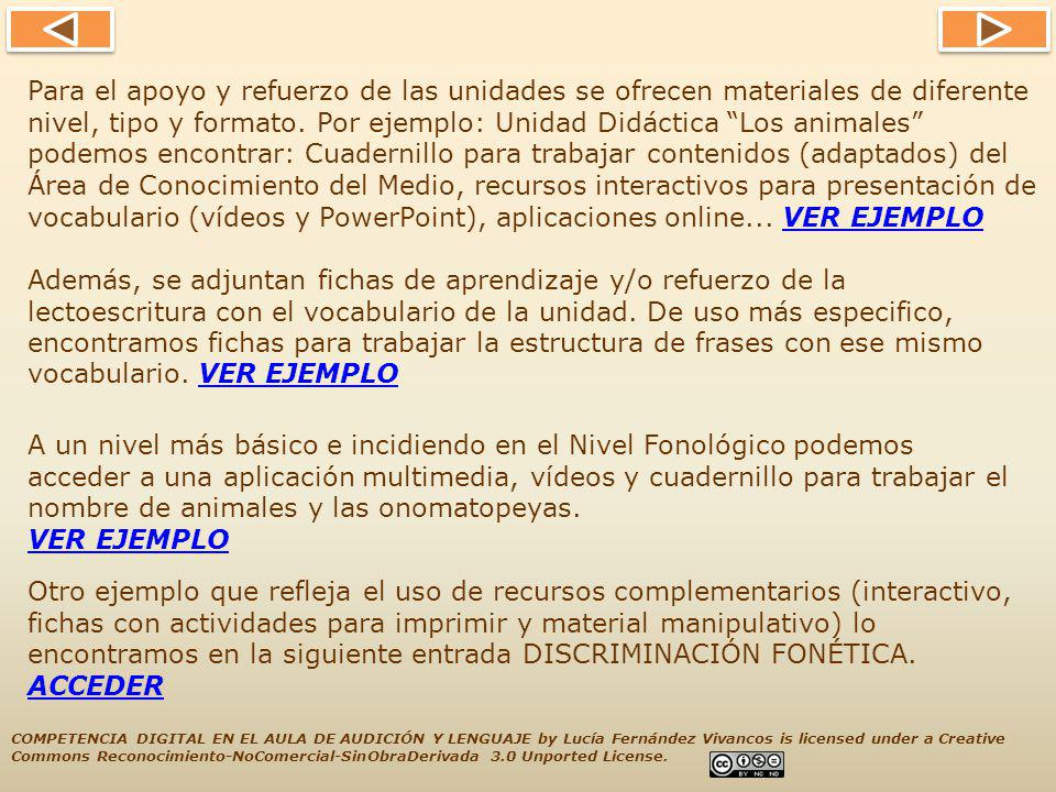 Para el apoyo y refuerzo de las unidades se ofrecen materiales de diferente nivel, tipo y formato. Por ejemplo: Unidad Didáctica Los animales podemos encontrar: Cuadernillo para trabajar contenidos (adaptados) del Área de Conocimiento del Medio, recursos interactivos para presentación de vocabulario (vídeos y PowerPoint), aplicaciones online... VER EJEMPLO