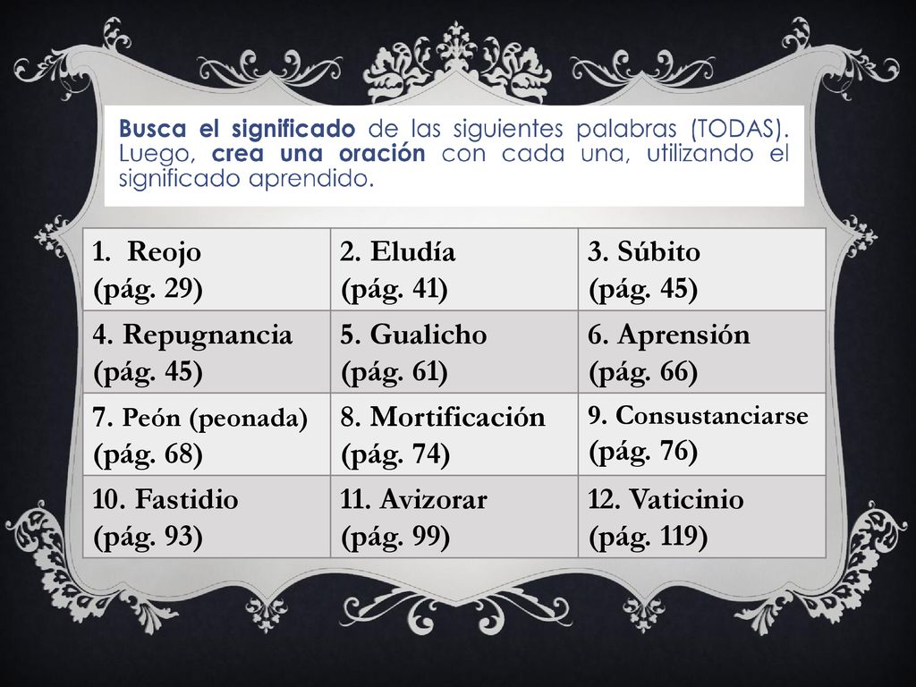 Reojo (pág. 29) 2. Eludía (pág. 41) 3. Súbito (pág. 45) 4. Repugnancia