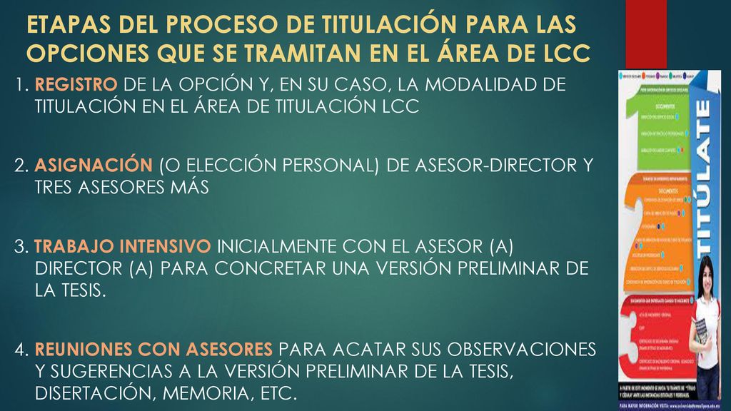 ETAPAS DEL PROCESO DE TITULACIÓN PARA LAS OPCIONES QUE SE TRAMITAN EN EL ÁREA DE LCC