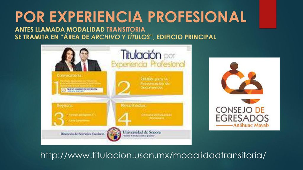 POR EXPERIENCIA PROFESIONAL ANTES LLAMADA MODALIDAD TRANSITORIA SE TRAMITA EN ÁREA DE ARCHIVO Y TÍTULOS , EDIFICIO PRINCIPAL