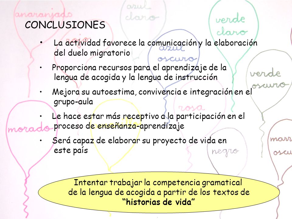 CONCLUSIONES La actividad favorece la comunicación y la elaboración del duelo migratorio.