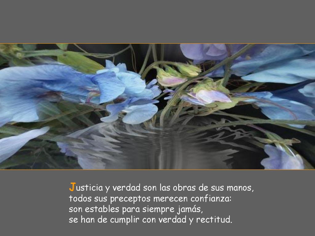 Justicia y verdad son las obras de sus manos, todos sus preceptos merecen confianza: son estables para siempre jamás, se han de cumplir con verdad y rectitud.
