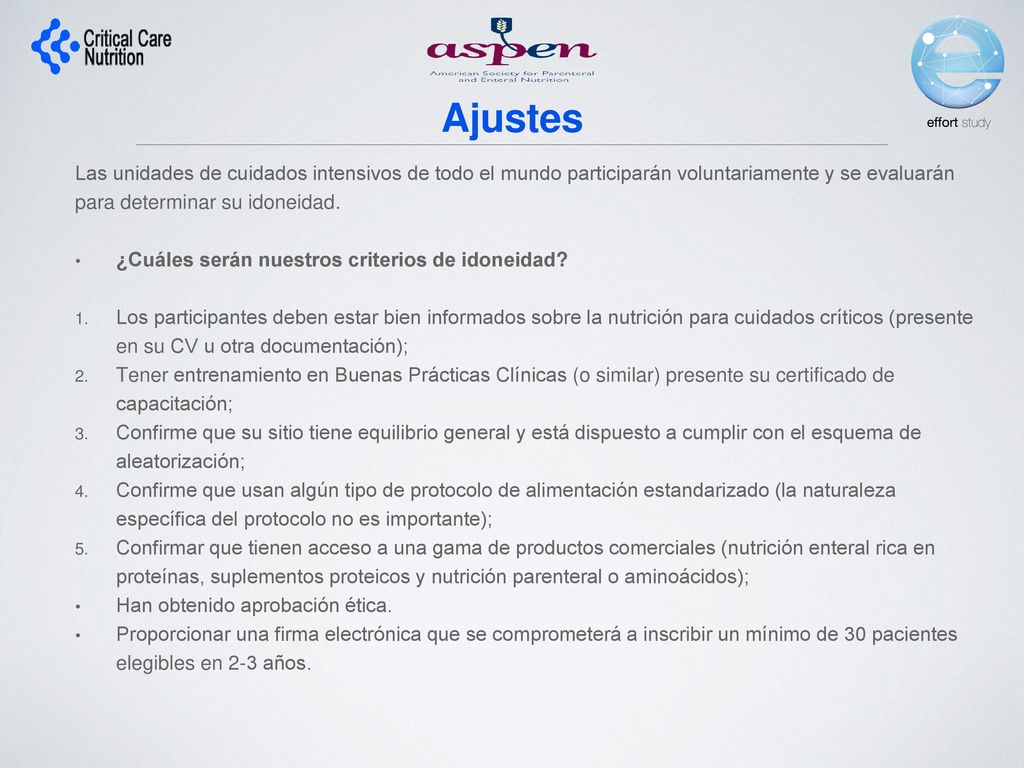 Ajustes Las unidades de cuidados intensivos de todo el mundo participarán voluntariamente y se evaluarán para determinar su idoneidad.