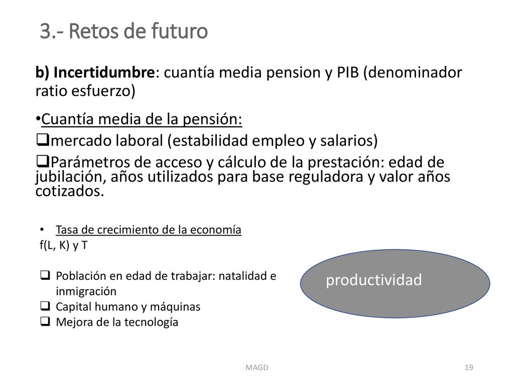 3.- Retos de futuro b) Incertidumbre: cuantía media pension y PIB (denominador ratio esfuerzo) Cuantía media de la pensión: