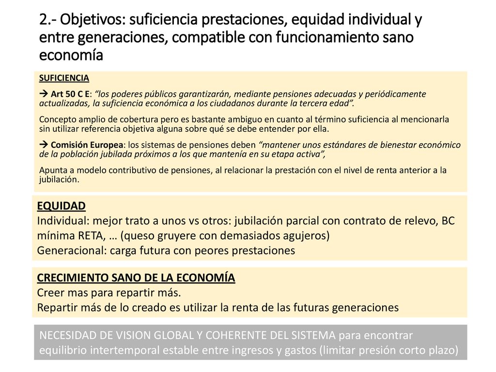 2.- Objetivos: suficiencia prestaciones, equidad individual y entre generaciones, compatible con funcionamiento sano economía