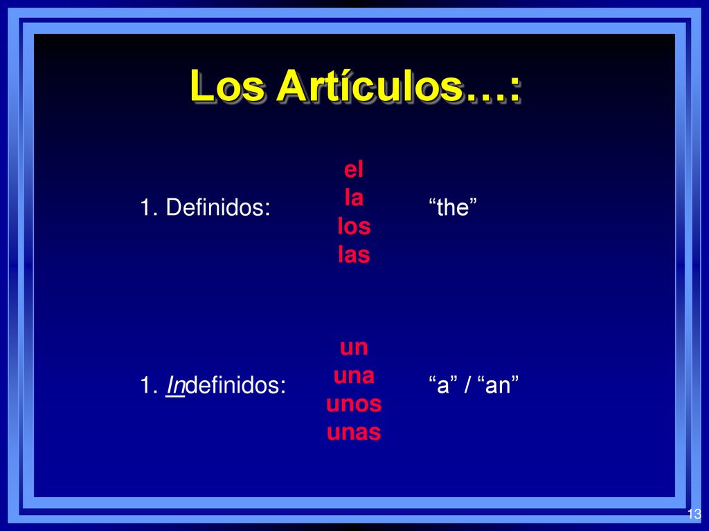 Los Artículos…: el la los las 1. Definidos: the un una unos unas