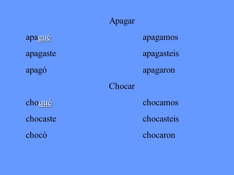 Apagar apagué apagamos. apagaste apagasteis. apagó apagaron. Chocar. choqué chocamos.