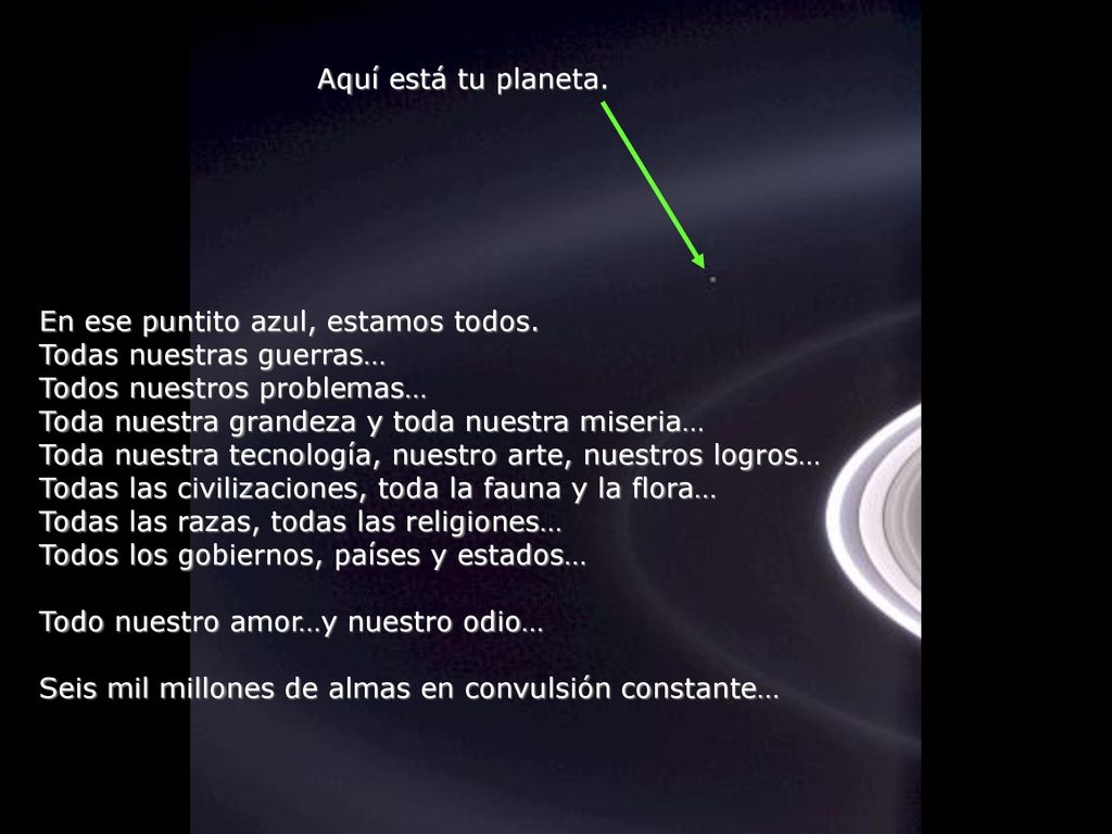 Aquí está tu planeta. En ese puntito azul, estamos todos. Todas nuestras guerras… Todos nuestros problemas…