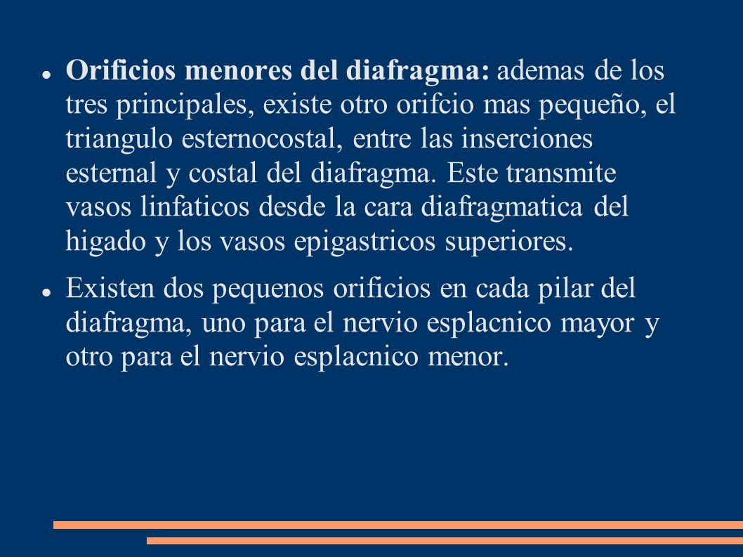 Orificios menores del diafragma: ademas de los tres principales, existe otro orifcio mas pequeño, el triangulo esternocostal, entre las inserciones esternal y costal del diafragma. Este transmite vasos linfaticos desde la cara diafragmatica del higado y los vasos epigastricos superiores.
