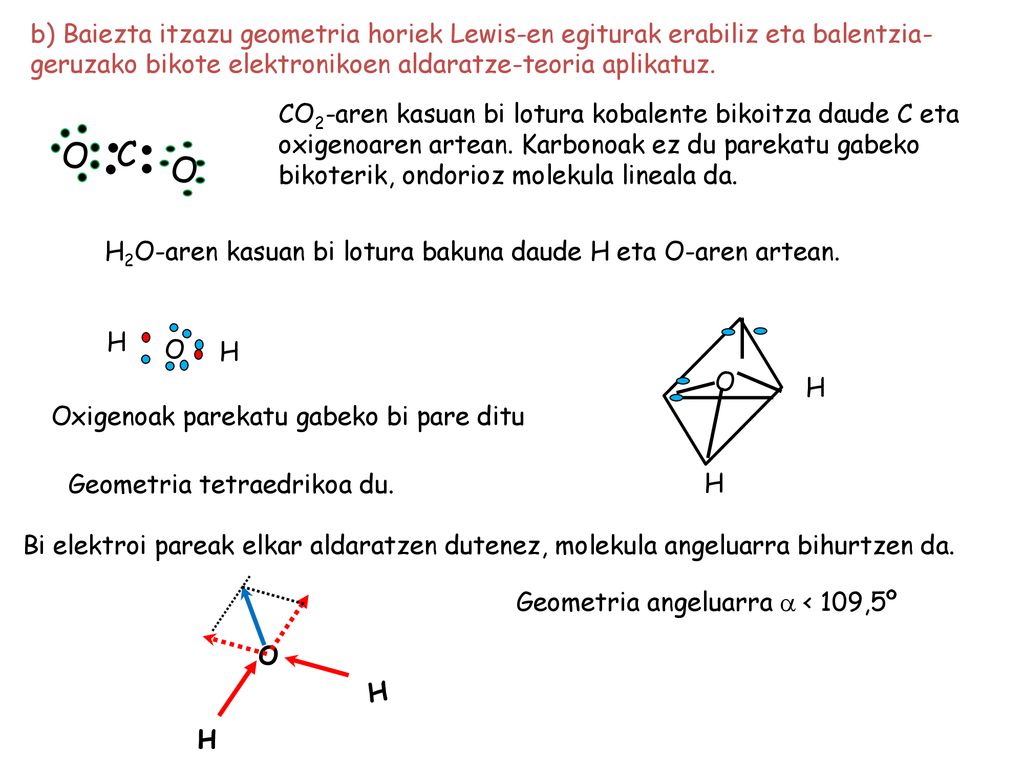b) Baiezta itzazu geometria horiek Lewis-en egiturak erabiliz eta balentzia-geruzako bikote elektronikoen aldaratze-teoria aplikatuz.