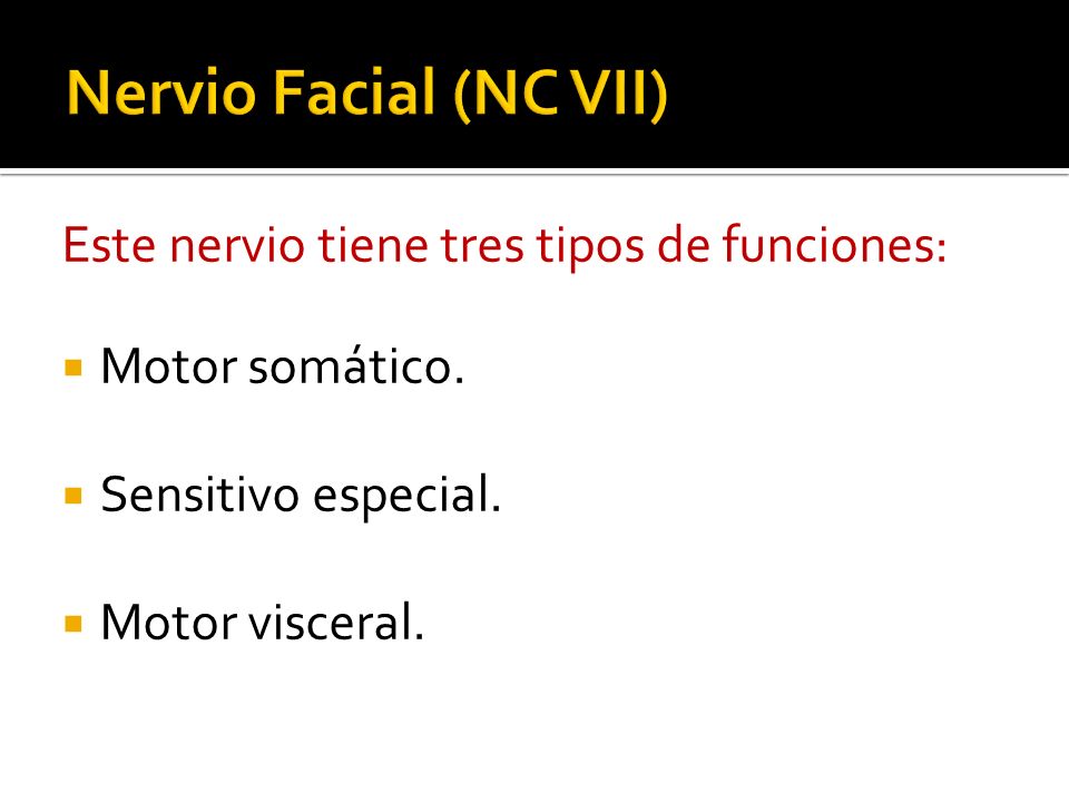 Nervio Facial (NC VII) Este nervio tiene tres tipos de funciones: