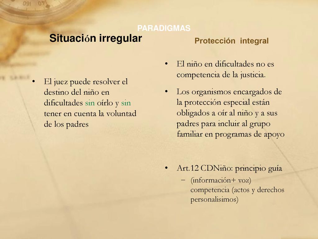 PARADIGMAS Situación irregular. Protección integral. El niño en dificultades no es competencia de la justicia.