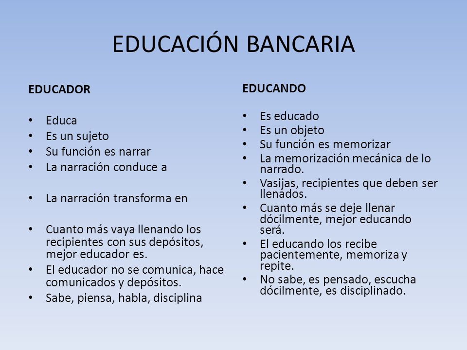 EDUCACIÓN BANCARIA EDUCADOR Educa Es un sujeto Su función es narrar