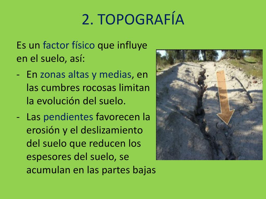 2. TOPOGRAFÍA Es un factor físico que influye en el suelo, así: