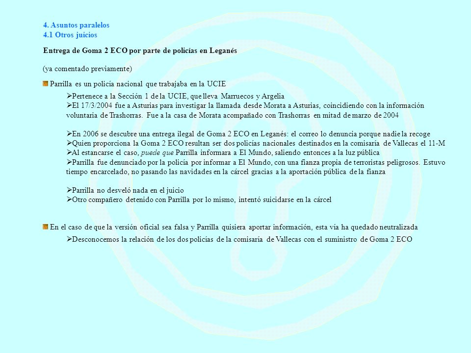 4. Asuntos paralelos 4.1 Otros juicios. Entrega de Goma 2 ECO por parte de policías en Leganés. (ya comentado previamente)