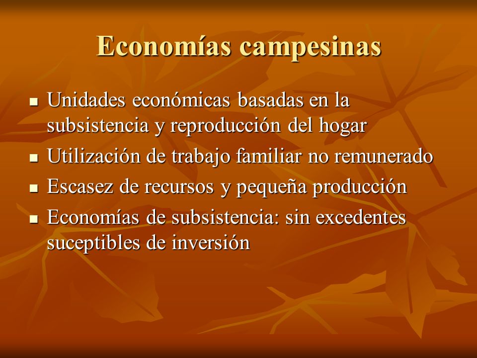 Economías campesinas Unidades económicas basadas en la subsistencia y reproducción del hogar. Utilización de trabajo familiar no remunerado.