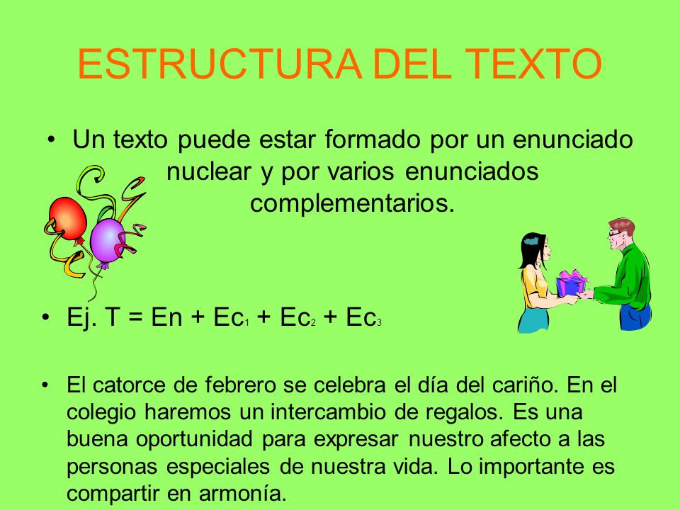 ESTRUCTURA DEL TEXTO Un texto puede estar formado por un enunciado nuclear y por varios enunciados complementarios.