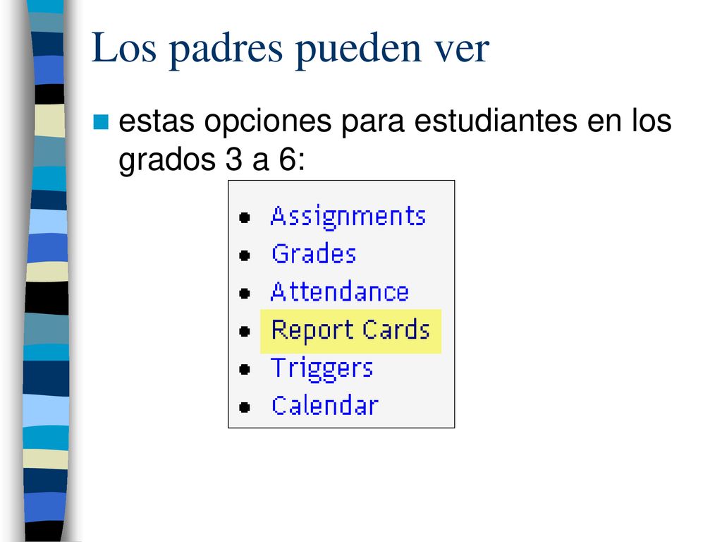 Los padres pueden ver estas opciones para estudiantes en los grados 3 a 6: