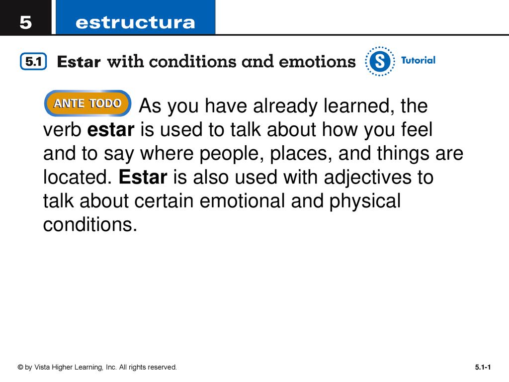 As you have already learned, the verb estar is used to talk about how you feel and to say where people, places, and things are located. Estar is also used with adjectives to talk about certain emotional and physical conditions.