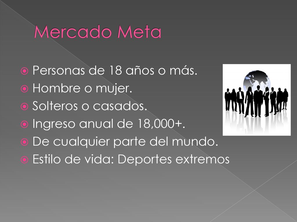 Mercado Meta Personas de 18 años o más. Hombre o mujer.