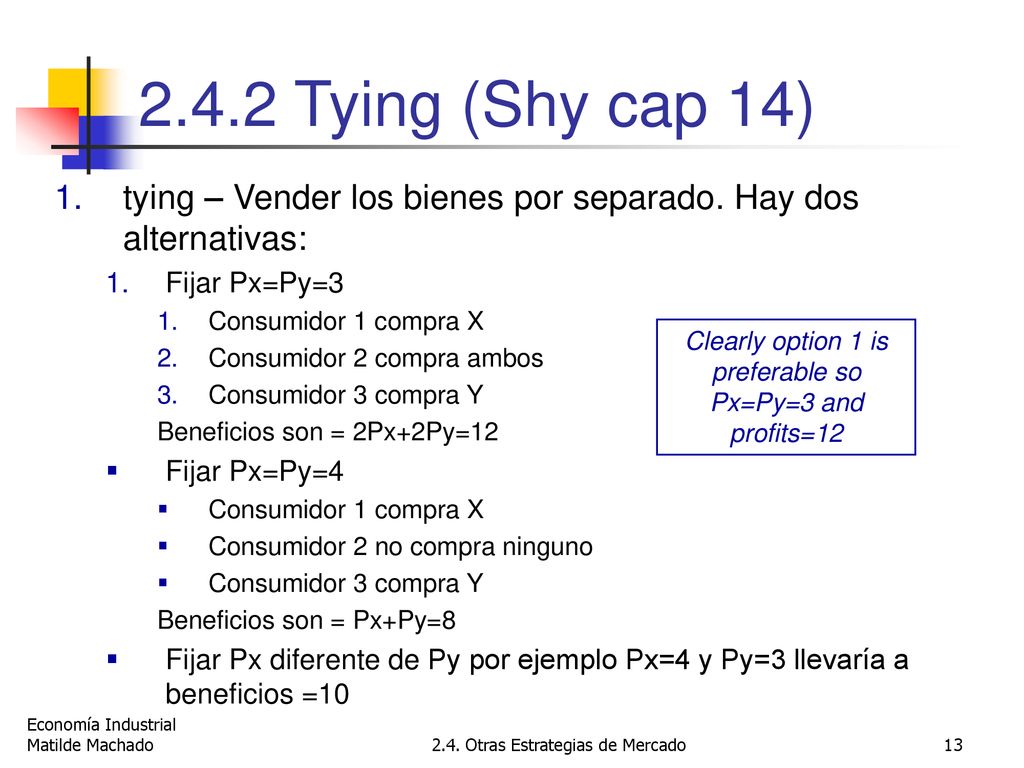 2.4.2 Tying (Shy cap 14) tying – Vender los bienes por separado. Hay dos alternativas: Fijar Px=Py=3.