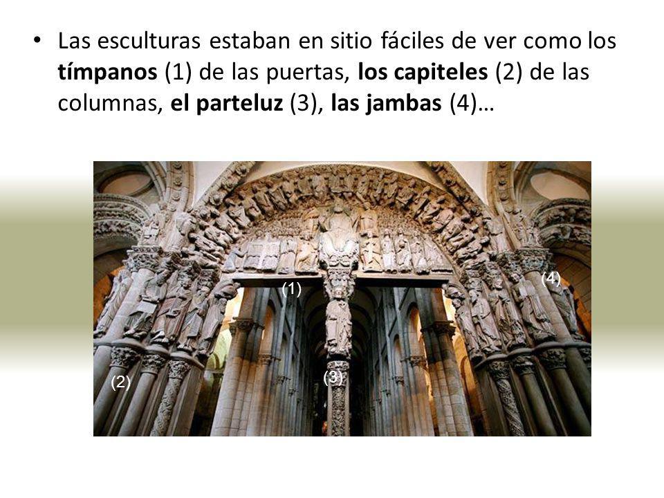Las esculturas estaban en sitio fáciles de ver como los tímpanos (1) de las puertas, los capiteles (2) de las columnas, el parteluz (3), las jambas (4)…