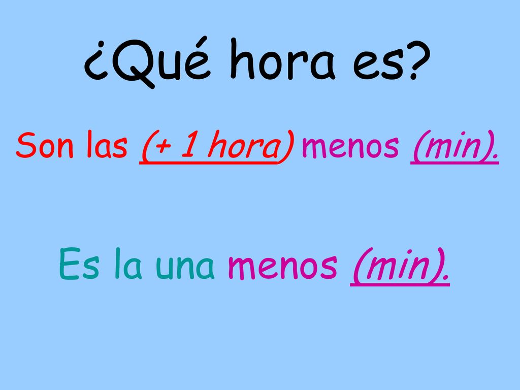 ¿Qué hora es Son las (+ 1 hora) menos (min). Es la una menos (min).