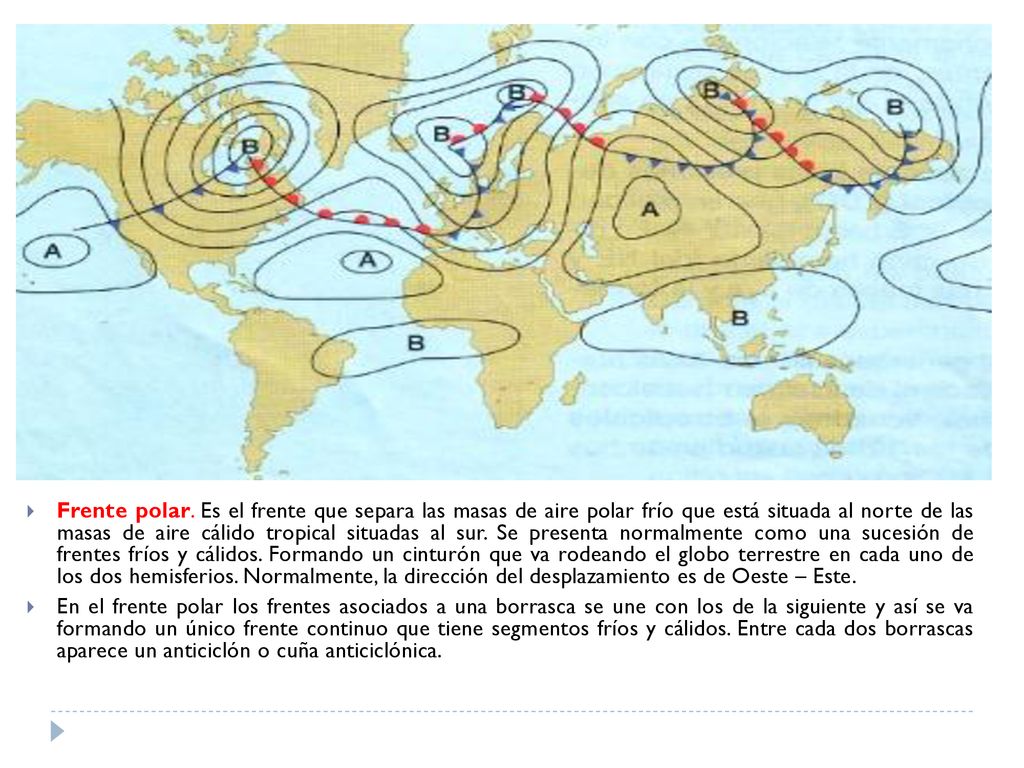 Frente polar. Es el frente que separa las masas de aire polar frío que está situada al norte de las masas de aire cálido tropical situadas al sur. Se presenta normalmente como una sucesión de frentes fríos y cálidos. Formando un cinturón que va rodeando el globo terrestre en cada uno de los dos hemisferios. Normalmente, la dirección del desplazamiento es de Oeste – Este.