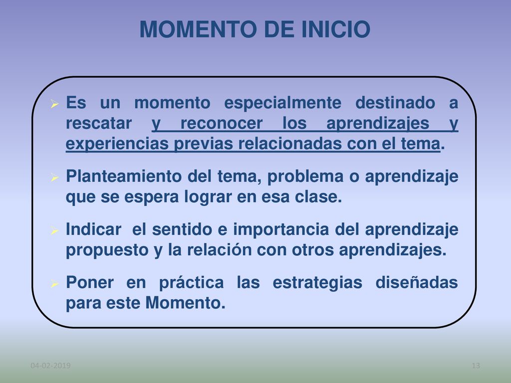 MOMENTO DE INICIO Es un momento especialmente destinado a rescatar y reconocer los aprendizajes y experiencias previas relacionadas con el tema.