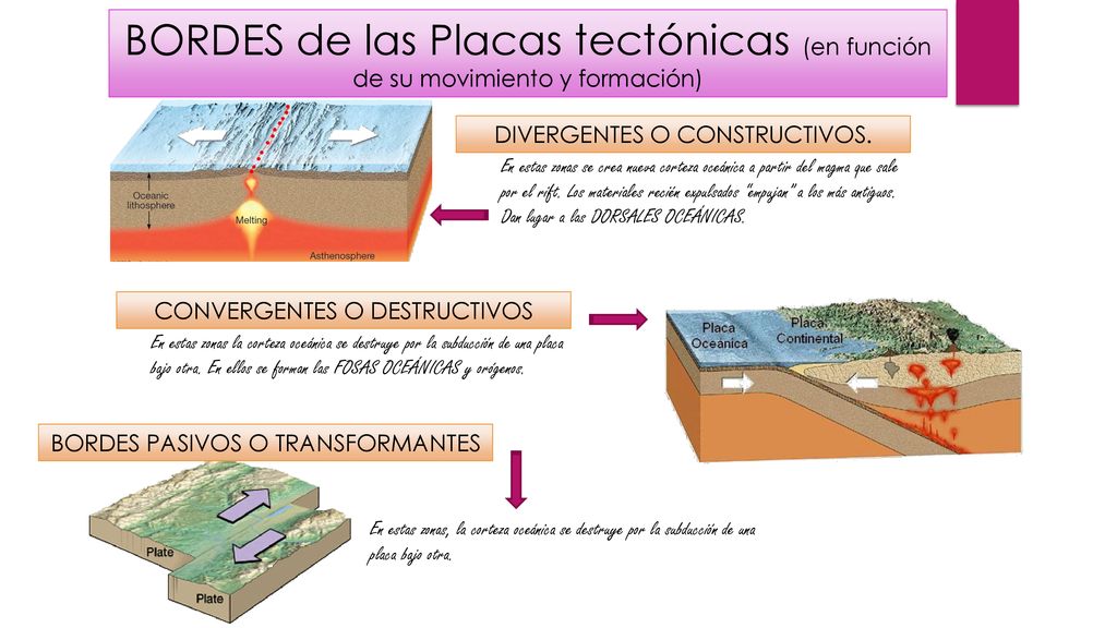 BORDES de las Placas tectónicas (en función de su movimiento y formación)