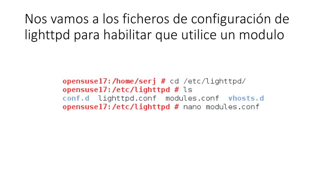 Nos vamos a los ficheros de configuración de lighttpd para habilitar que utilice un modulo
