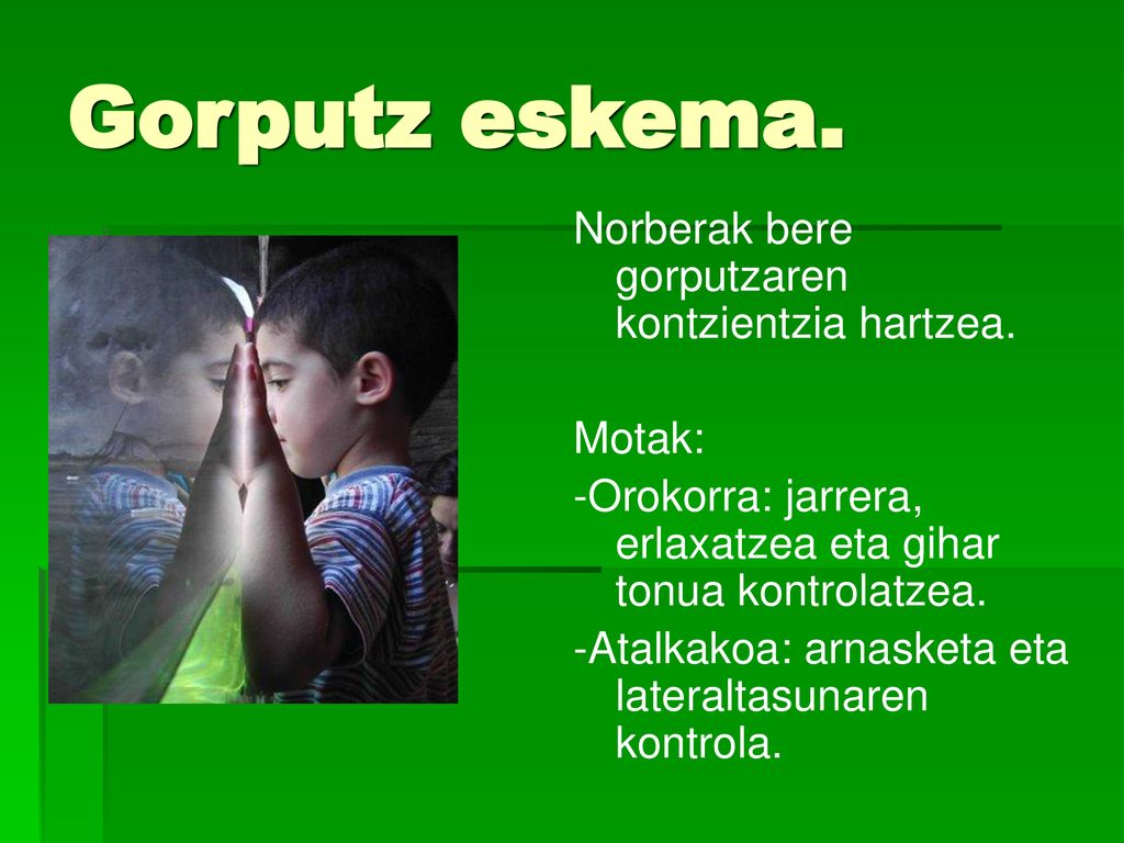Gorputz eskema. Norberak bere gorputzaren kontzientzia hartzea. Motak: