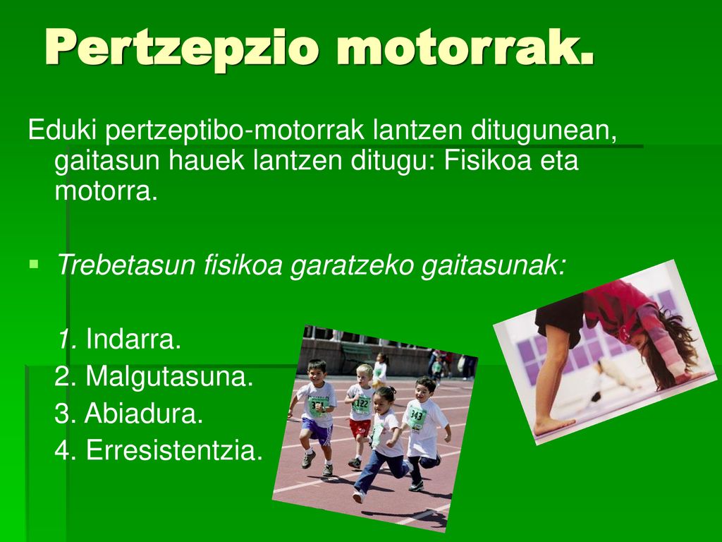 Pertzepzio motorrak. Eduki pertzeptibo-motorrak lantzen ditugunean, gaitasun hauek lantzen ditugu: Fisikoa eta motorra.