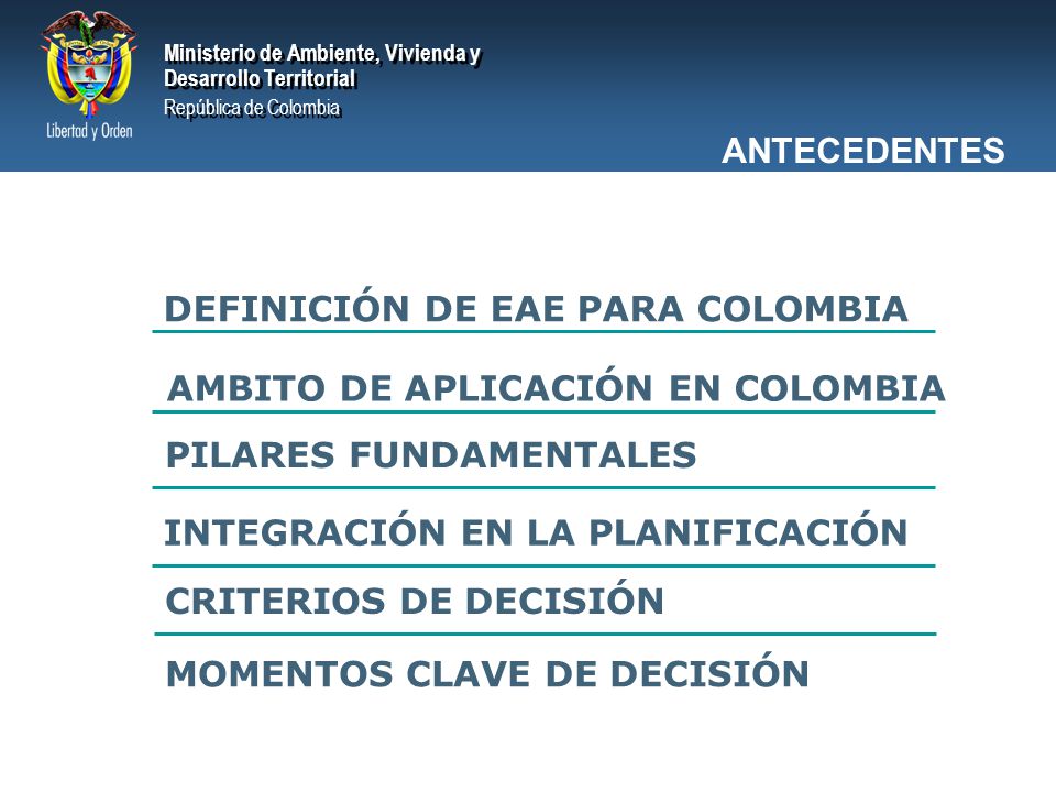 ANTECEDENTES DEFINICIÓN DE EAE PARA COLOMBIA. AMBITO DE APLICACIÓN EN COLOMBIA. PILARES FUNDAMENTALES.